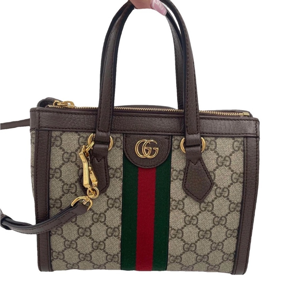 Gucci Beige GG Supreme Mini Satchel with Green and Red Web